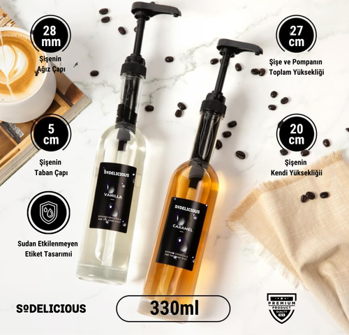 2'li Siyah Pompalı Cam Şurup Şişesi Seti 330ml