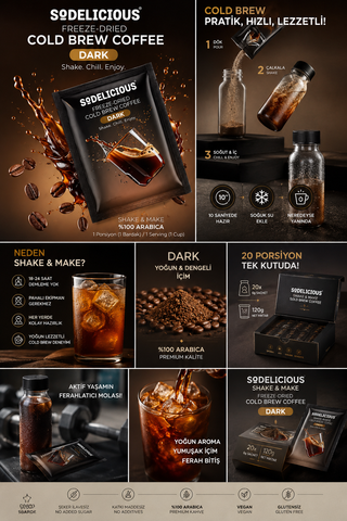 Sodelicious Shake & Make Gerçek Cold Brew Soğuk Kahve | Medium Roast | 20 Tek Kullanımlık Sachet × 6 g | Net 120 g
