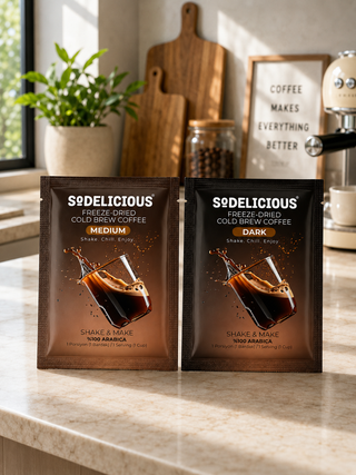 Sodelicious Shake & Make Gerçek Cold Brew Soğuk Kahve | Mix Collection (10 Medium Roast + 10 Dark Roast) | 20 Tek Kullanımlık Sachet × 6 g | Net 120 g