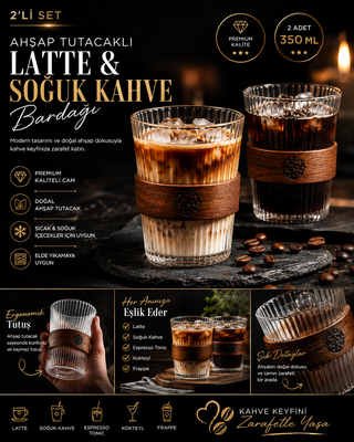 Ahşap Tutacaklı Cam Latte ve Soğuk Kahve Bardağı 350 ml 2'li Set