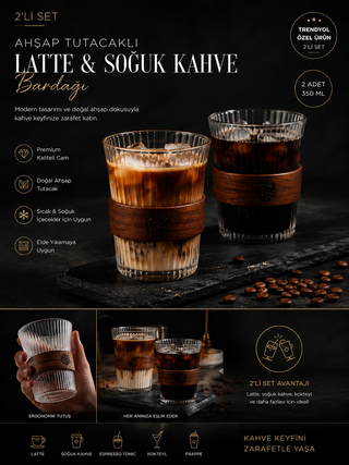 Ahşap Tutacaklı Cam Latte ve Soğuk Kahve Bardağı 350 ml 2'li Set