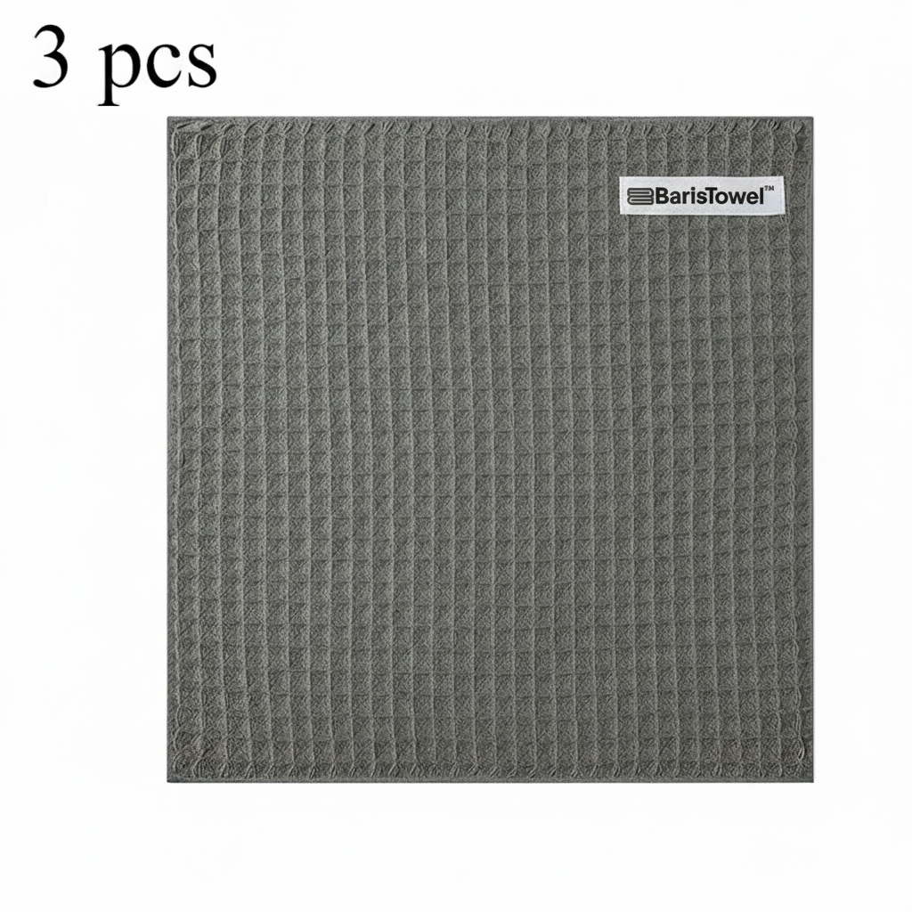 BarisTowel™ Waffle Gri Barista Temizlik Havlusu – 30x30 cm (3’lü Set)