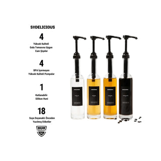 Sodelicious 4'lü Siyah Pompalı Cam Şurup Şişesi Seti 330ml - SODELICIOUS