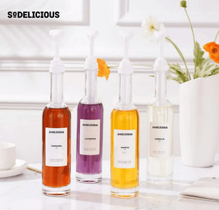 Sodelicious 4'lü Beyaz Pompalı Cam Şurup Şişesi Seti 330ml - SODELICIOUS