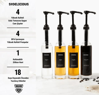 Sodelicious 4'lü Siyah Pompalı Cam Şurup Şişesi Seti 330ml - SODELICIOUS