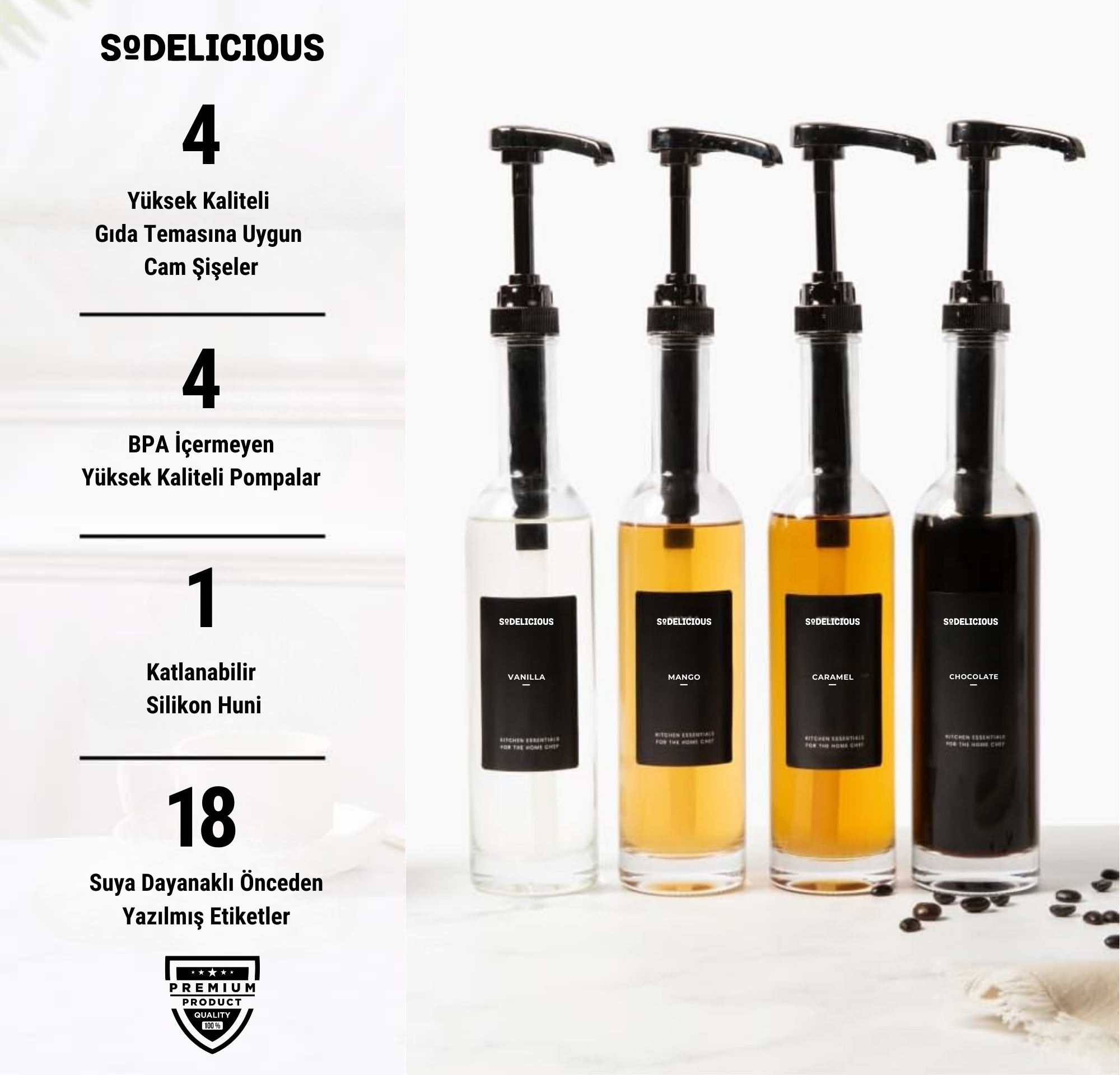 4'lü Siyah Pompalı Cam Şurup Şişesi Seti 330ml