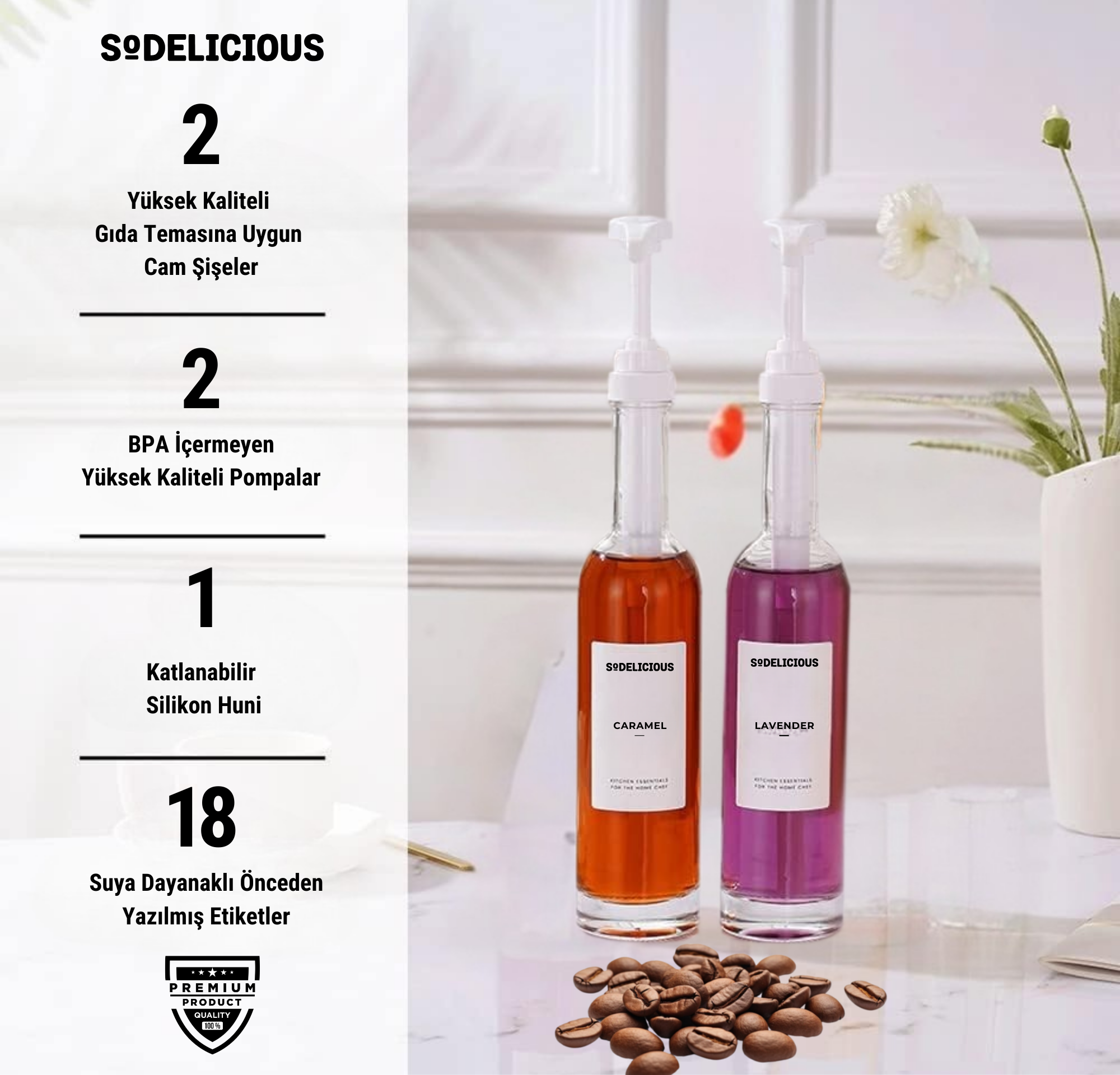 2'li Beyaz Pompalı Cam Şurup Şişesi Seti 330ml