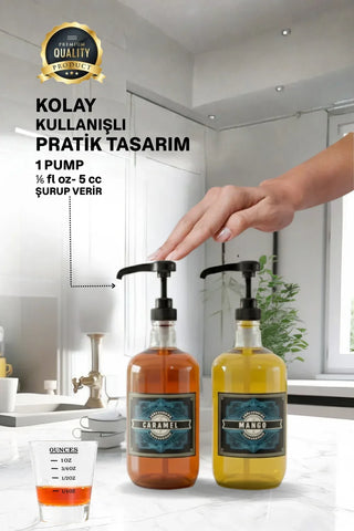 Sodelicious 2'li Premium Set 500 ml Pompalı Cam Şurup Şişesi 20 Çeşit Vintage Etiketli + Silikon Huni - SODELICIOUS