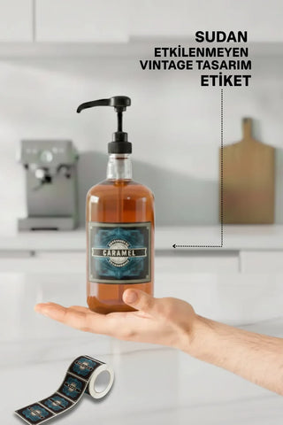 Sodelicious 2'li Premium Set 500 ml Pompalı Cam Şurup Şişesi 20 Çeşit Vintage Etiketli + Silikon Huni - SODELICIOUS