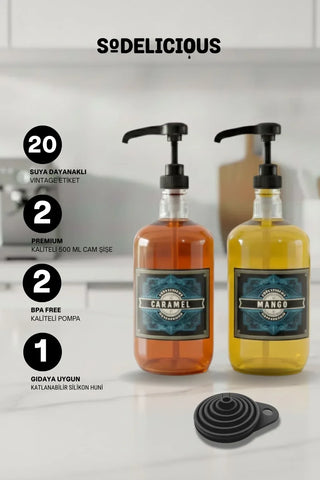 Sodelicious 2'li Premium Set 500 ml Pompalı Cam Şurup Şişesi 20 Çeşit Vintage Etiketli + Silikon Huni - SODELICIOUS