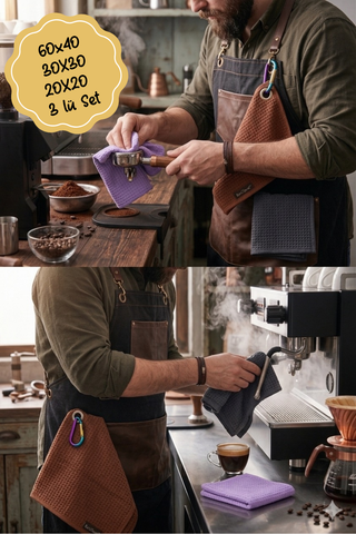 BarisTowel™ Waffle Barista Havlu Seti: 60x40 (Askılı), 30x30, 20x20