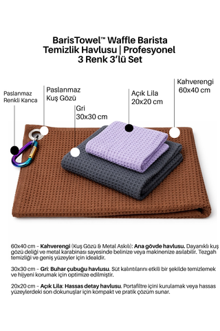 BarisTowel™ Waffle 3 Farklı Renk Barista Temizlik Havlusu, Profesyonel – 60x40 cm I 30x30 cm I 20X20 cm (Kuş Gözü Metal Askılı 3’lü Set)