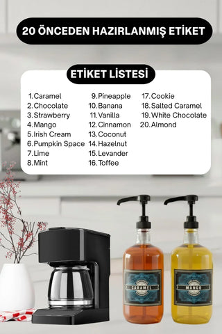 Sodelicious 2'li Premium Set 500 ml Pompalı Cam Şurup Şişesi 20 Çeşit Vintage Etiketli + Silikon Huni - SODELICIOUS